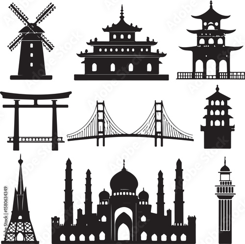 Diverse global architectural landmarks silhouettes collection architecture black