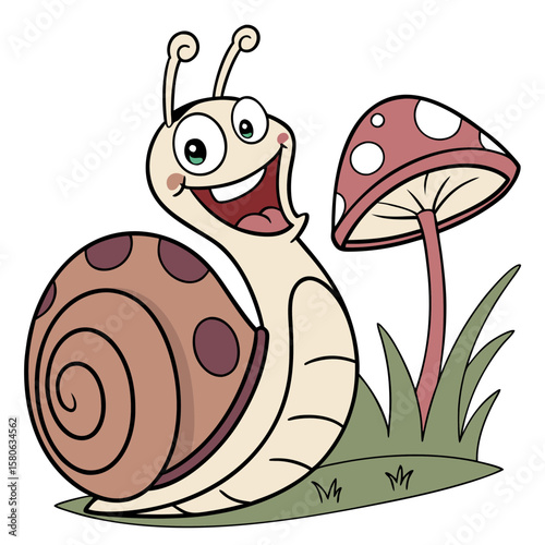 A happy cartoon snail with a big smile next to a mushroom vector