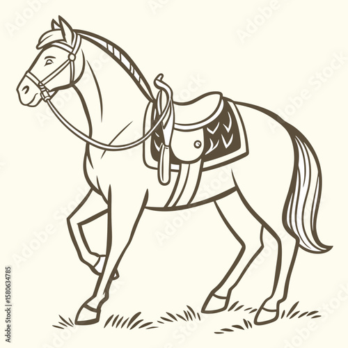 Horse with saddle and bridle standing in grass on beige background vector