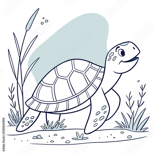 Cute turtle walking in the water with plants vector