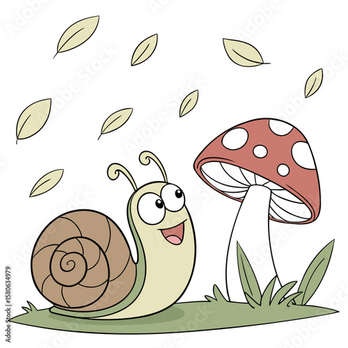 A happy snail looks at a red mushroom in a gentle rain vector