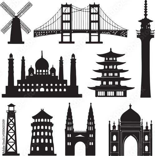 Diverse iconic global architectural landmarks collection architecture silhouette