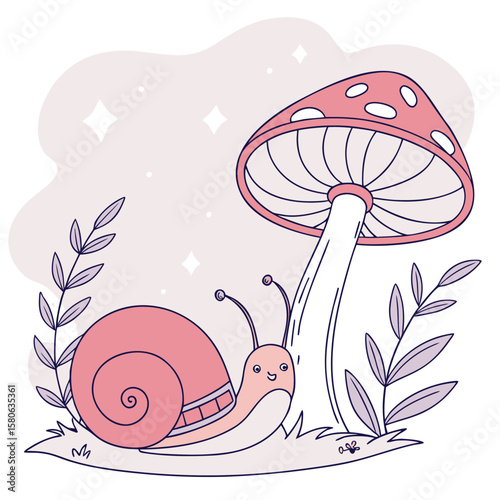 A cute cartoon snail rests near a red mushroom vector