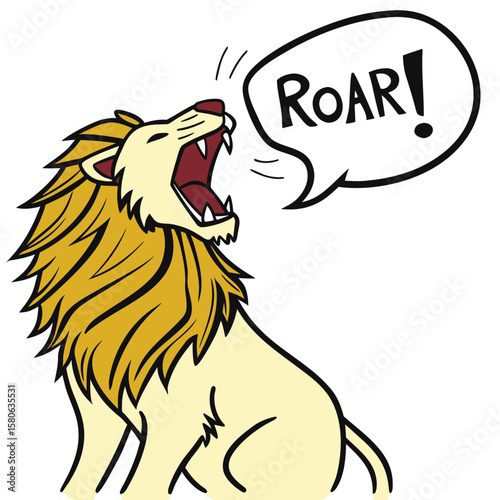 A lion lets out a loud roar, indicated by a speech bubble vector