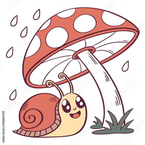 Happy cartoon snail sheltering under a red mushroom during rain vector