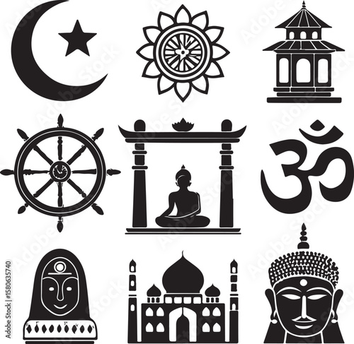 Diverse religious symbols and architectural icons islam buddhism
