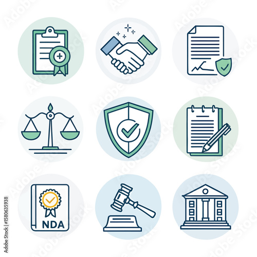 Legal Icon Set: This set of icons embody legal concepts and the administration of justice