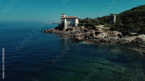 4K Drone Footage of Castello del Boccale on the Cliffs of Calafuria – Scenic Coastal View in Tuscany, Italy