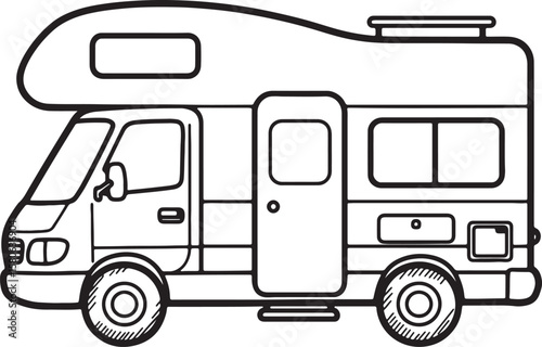Illustrated black and white campervan ideal for road trips and outdoor adventures