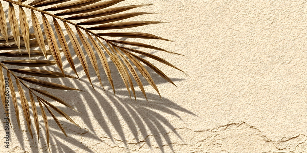 Obraz premium Soft Palm Leaf Shadow Cast Gracefully on a Warm Beige Textured Background for Natural Minimalist Design Aesthetics