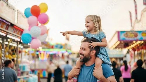 Joyful dad carries daughter on shoulders at weekend fair with vibrant balloons and colorful lights in the background