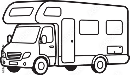 Simple black and white illustration of a modern motorhome ready for travel adventures