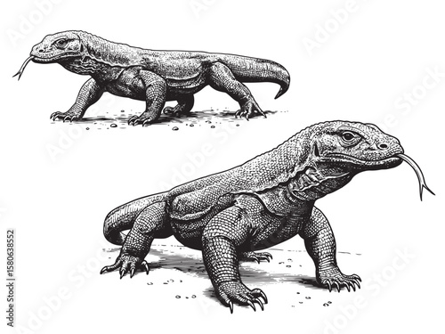 Engraved Komodo dragon walking forward with open mouth forked tongue and rough skin texture