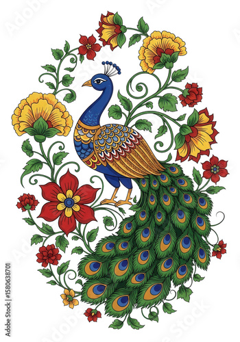 Vibrant Indian peacock with folk art flowers, traditional Pichwai style painting, colorful decorative bird motif