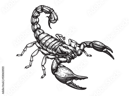 Engraved scorpion with tail arched and pincers ready to strike in bold vintage detail