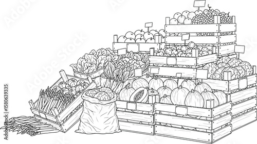 Produce stand with fresh fruits and vegetables in crates line art.