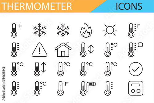 Collection of thermometer icons for use in medical, weather, and home contexts.