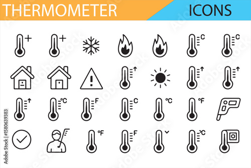 A set of simple vector icons featuring various thermometer symbols for temperature, heat, cold, and more. Ideal for use in weather, health, or home-related content.