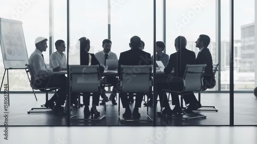 Business meeting action corporate office location group discussion content type urban environment wide angle viewpoint team collaboration concept