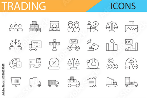 Vector icons illustrating key trading activities such as shipping, analysis, and investment.

