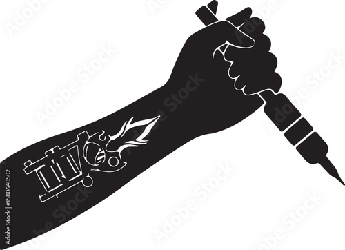 Tattoo artist's hand holding tattoo gun silhouette with arm tattoo illustration in black and white