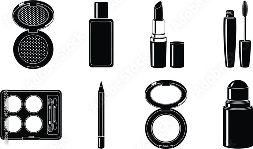 Elegant makeup set features lipstick, mascara, and eyeshadow palette.