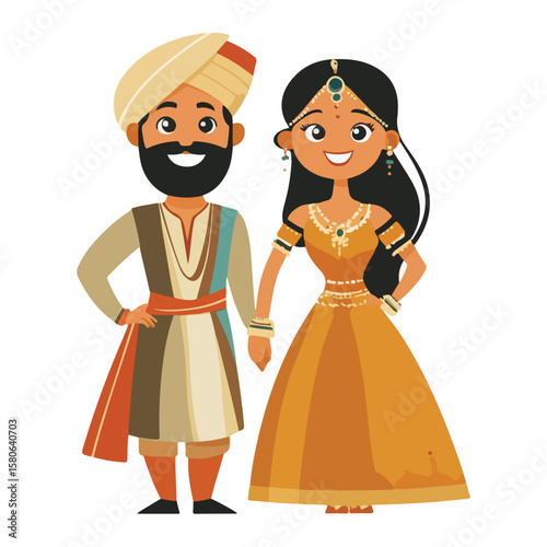 Punjabi Wedding Couple, Happy Indian Couple In Traditional Wedding Attire
