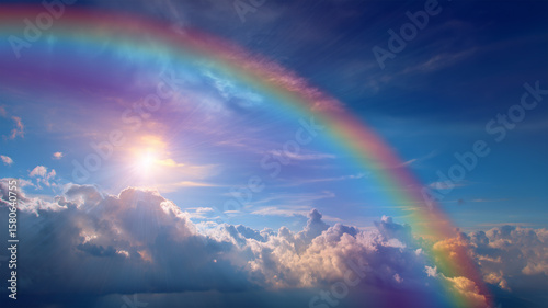 鮮やかな夕空に架かる虹の風景