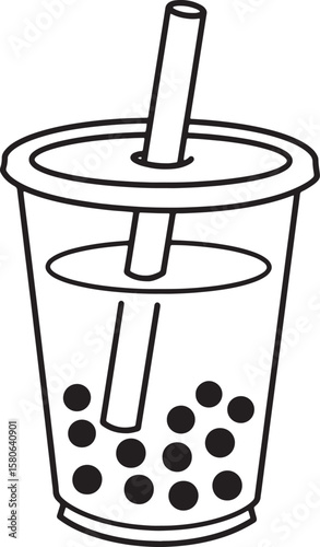 Vector illustration of bubble tea with straw and tapioca pearls isolated on white