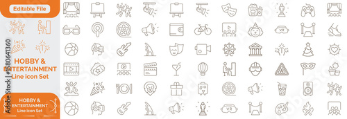 Entertainment and hobby linear icons collection. Big set of more 80+ thin line icons in black. Entertainment and hobby black icons. Line icon set. and Editable file