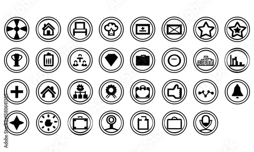 Minimalist Round Icon Collection Diverse Vector Symbols Depicting Business Tools Communication and General Usage Emblems for Interface Design