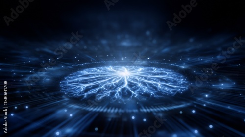 Glowing blue artificial intelligence hologram floating above a futuristic digital platform with animated neural network patterns branching in clean lines