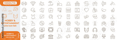 Entertainment and hobby linear icons collection. Big set of more 80+ thin line icons in black. Entertainment and hobby black icons. Line icon set. and Editable file