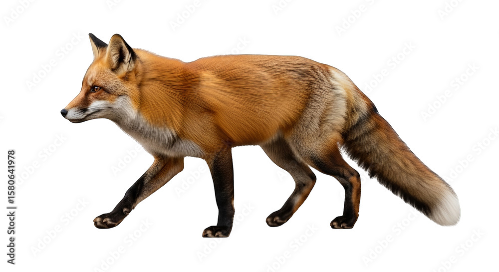 Obraz premium A solitary red fox with sleek fur cautiously advances against a stark black background gracefully.
