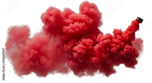 Vivid red smoke plume billows against a black background, creating a sense of energy and drama.