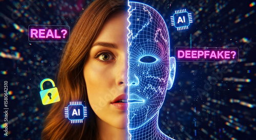 One Side of Woman’s Face is Real, Other is Digital Wireframe Mask, Collage with 