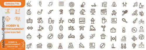 Entertainment and hobby linear icons collection. Big set of more 80+ thin line icons in black. Entertainment and hobby black icons. Line icon set. and Editable file