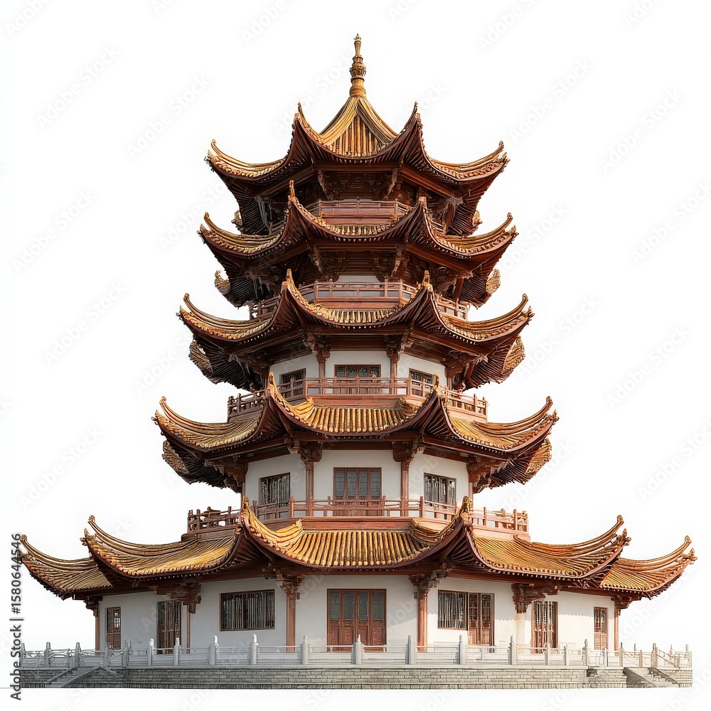 Fototapeta premium Ornate Chinese Pagoda against a white background.