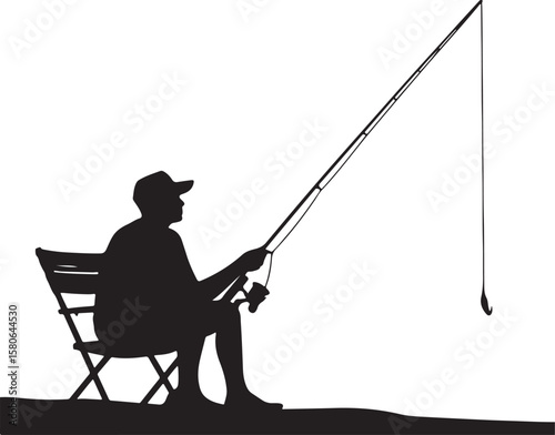 Silhouette of a fisherman casting a line into the water at sunrise