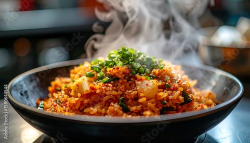 Delicious Kimchi Fried Rice with Steamy Aroma and High Contrast Photography