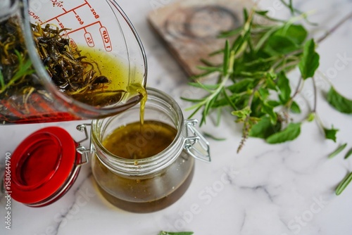 Homemade rosemary tulsi oil for hair growth, selective focus