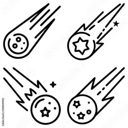 Four stylized comets with varying tail designs and celestial body markings in black outline