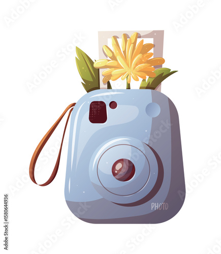 Instant camera with yellow summer flower isolated on white. Vector illustration.