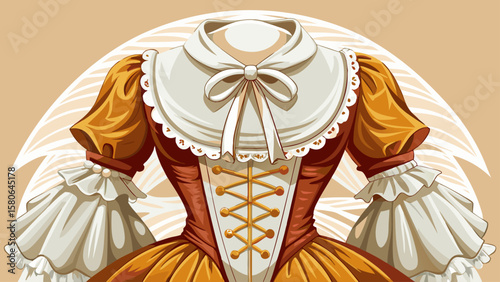 Colonial dress from Massachusetts showcases a lace-up corset, petticoat, and ruffled bonnet, perfect for capturing American historical elegance in a richly detailed vector illustration.