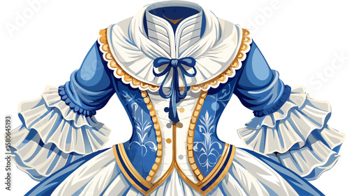 Colonial dress from Massachusetts showcases a lace-up corset, petticoat, and ruffled bonnet, perfect for capturing American historical elegance in a richly detailed vector illustration.