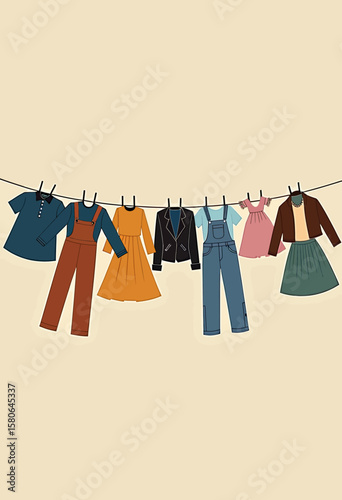 Simple illustration of colorful casual clothes drying on a clothesline, symbolizing everyday chores, sustainable living, and domestic life in a clean, minimalist style.

