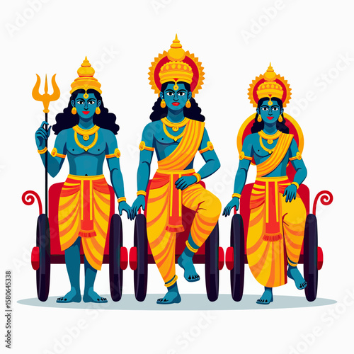 Vibrant illustration of Hindu deities on a chariot, portraying cultural heritage, spiritual journey, and festive celebration for religious events and traditional Indian art.
