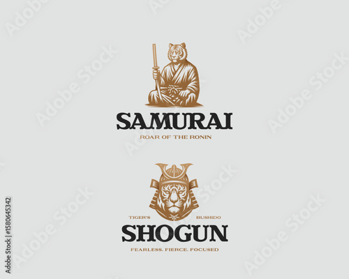 Strong assassin samurai tiger warrior using katana logo template 