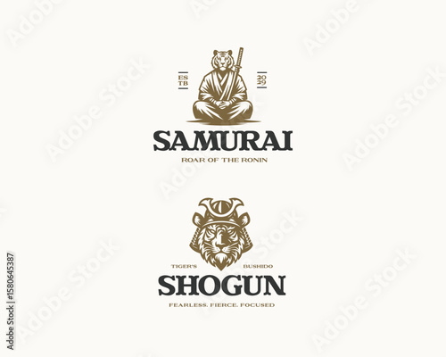 Strong assassin samurai tiger warrior using katana logo template 
