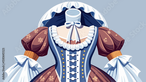 Colonial dress from Massachusetts showcases a lace-up corset, petticoat, and ruffled bonnet, perfect for capturing American historical elegance in a richly detailed vector illustration.